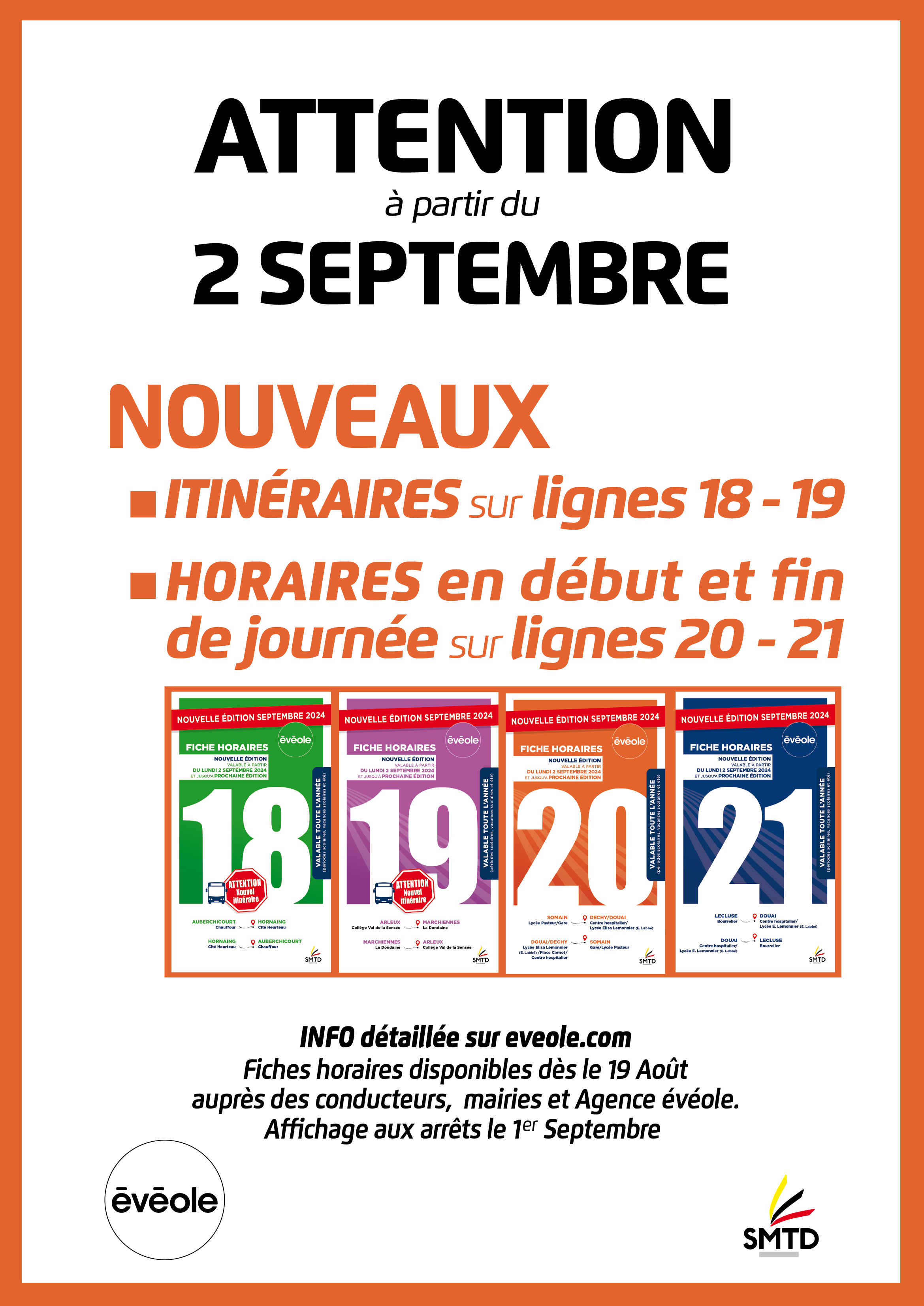 Evéole : Nouveaux horaires et itinéraires à partir du 2 septembre 2024. Informations détaillées sur le site www.eveole.com